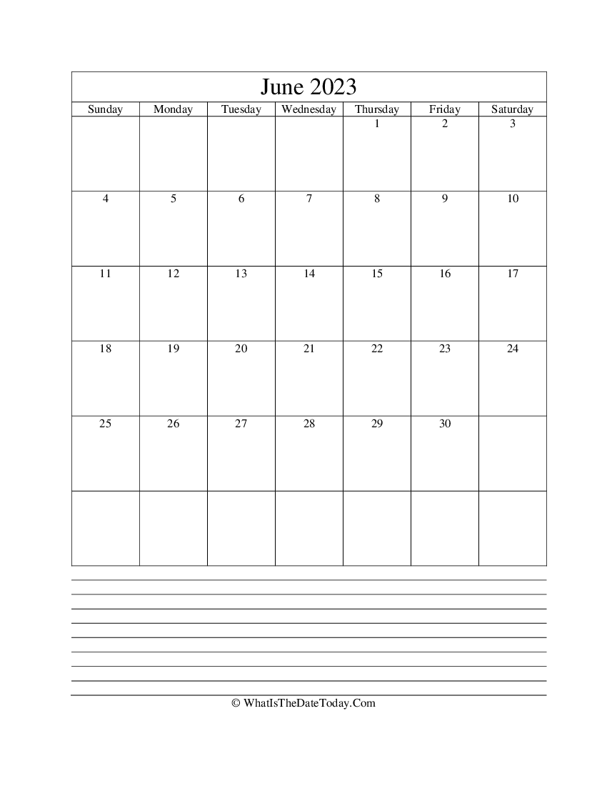june 2023 calendar editable with notes in vertical layout