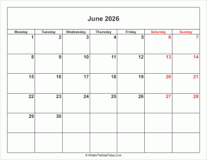 june 2026 calendar with weekend highlight
