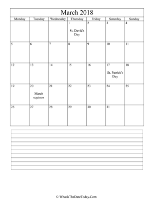 march 2018 calendar editable with notes