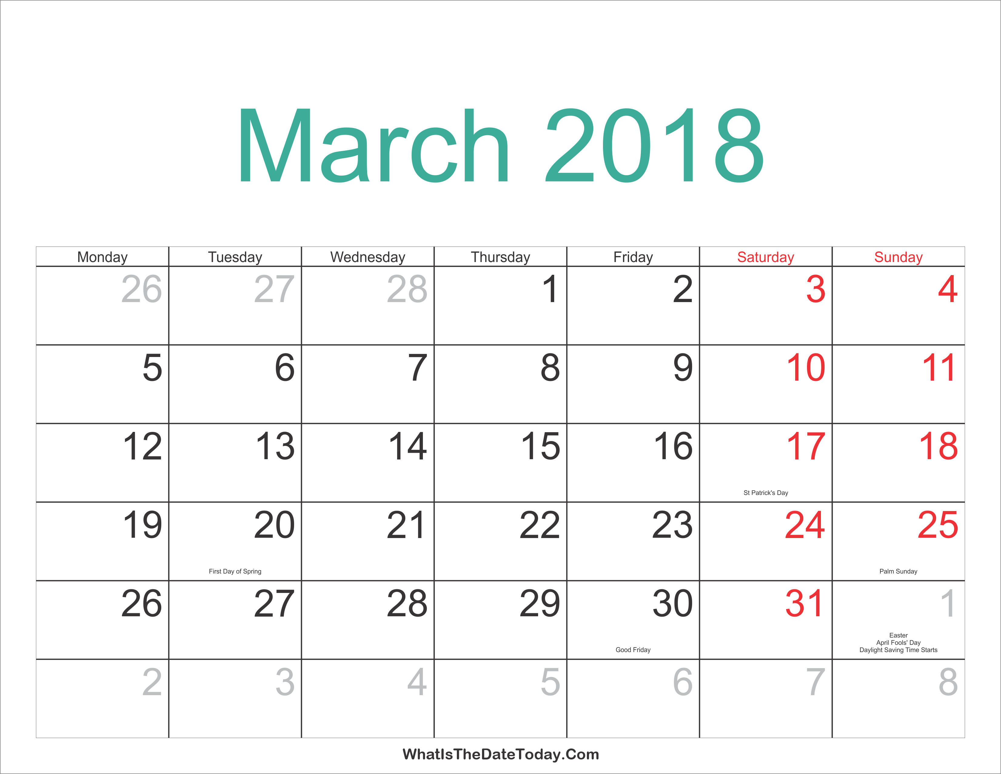 Calendar For March 2018 With Holidays