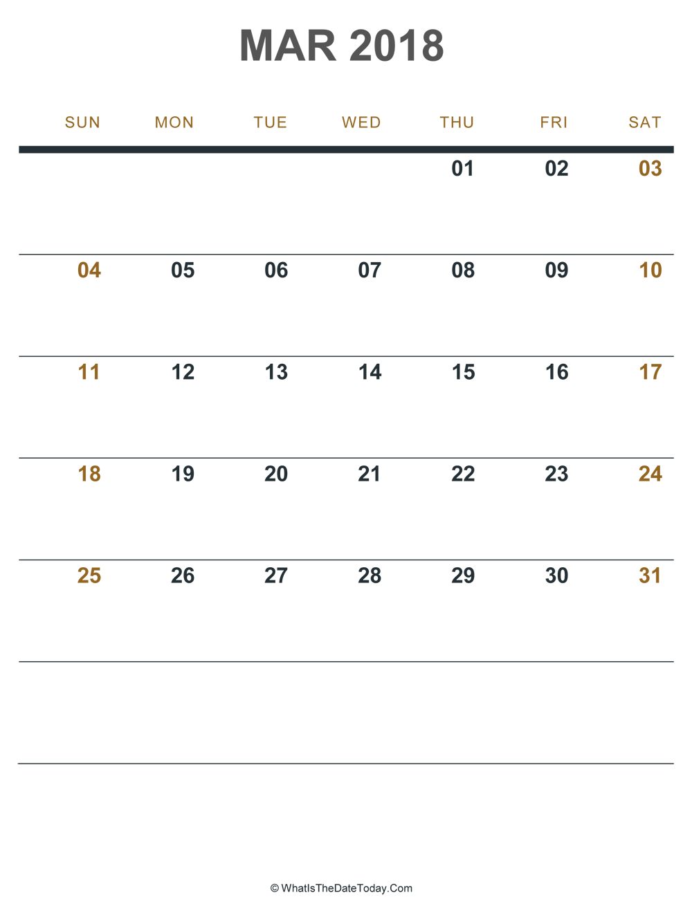 march 2018 printable calendar (portrait layout)