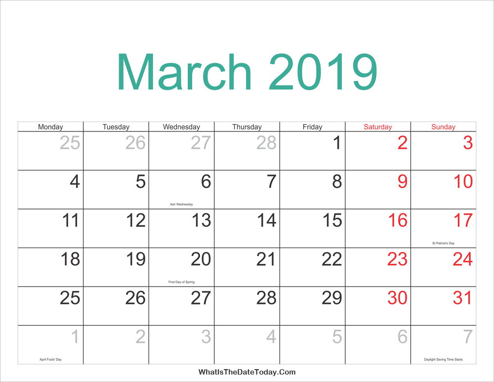 March 2019 Calendar Printable with Holidays Whatisthedatetoday Com
