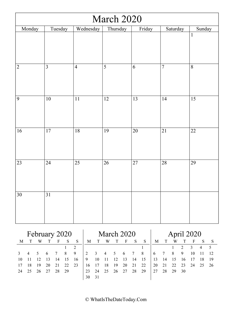 march 2020 editable calendar with three mini calendars in vertical layout