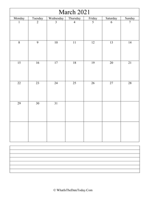 march 2021 calendar editable with notes (vertical)