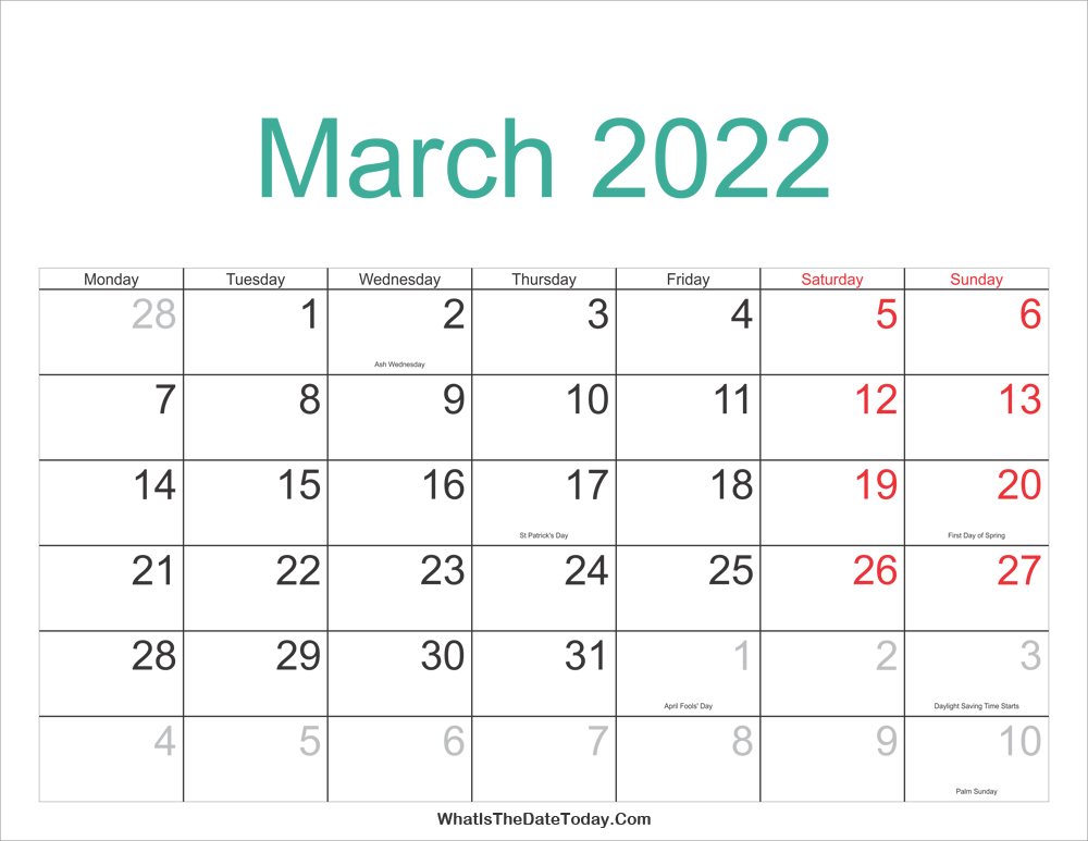 march 2022 Calendar Printable with Holidays