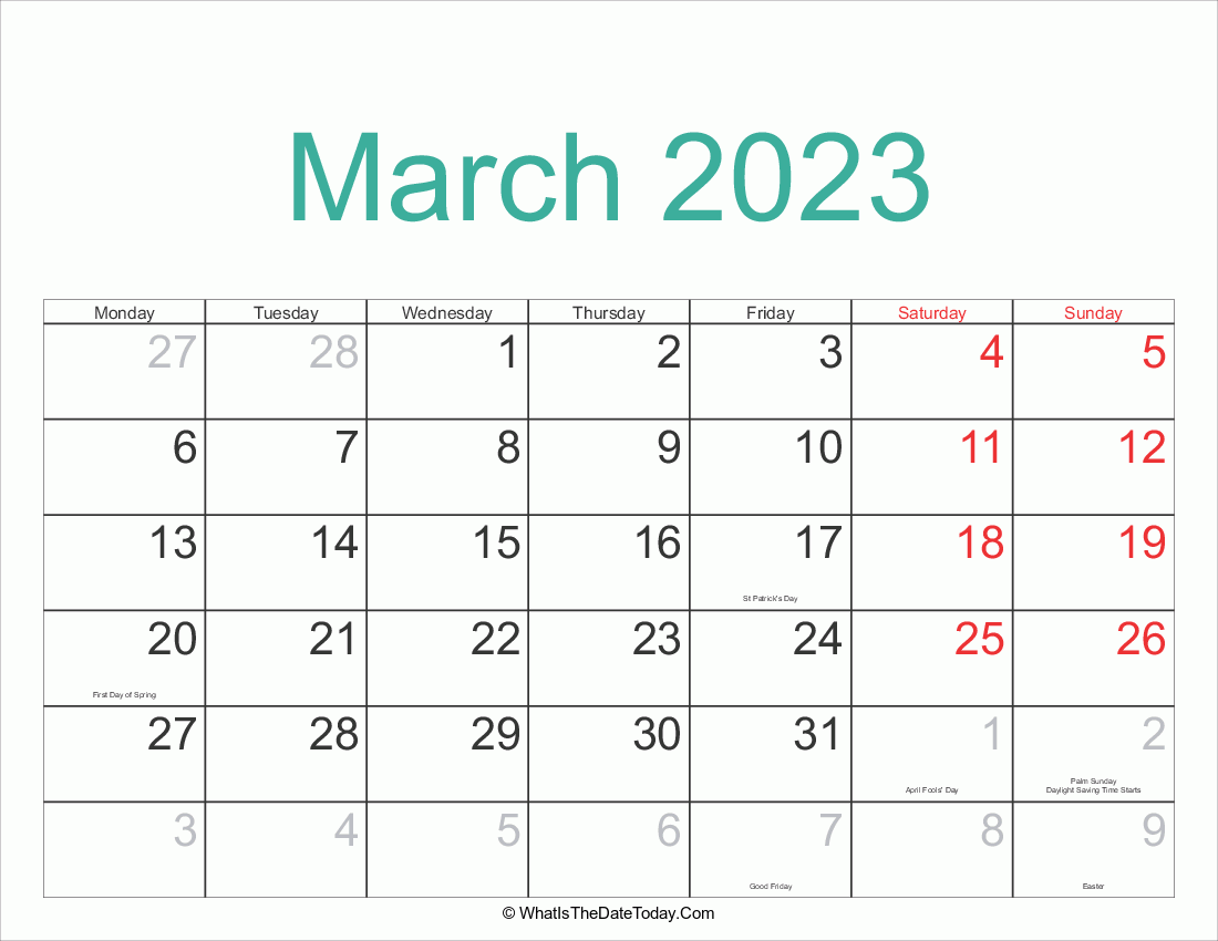march 2023 Calendar Printable with Holidays