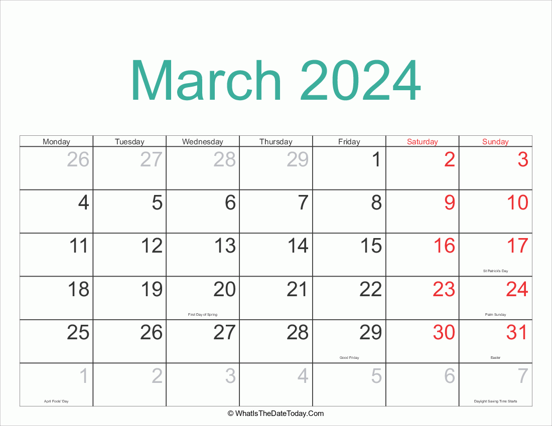 march 2024 Calendar Printable with Holidays