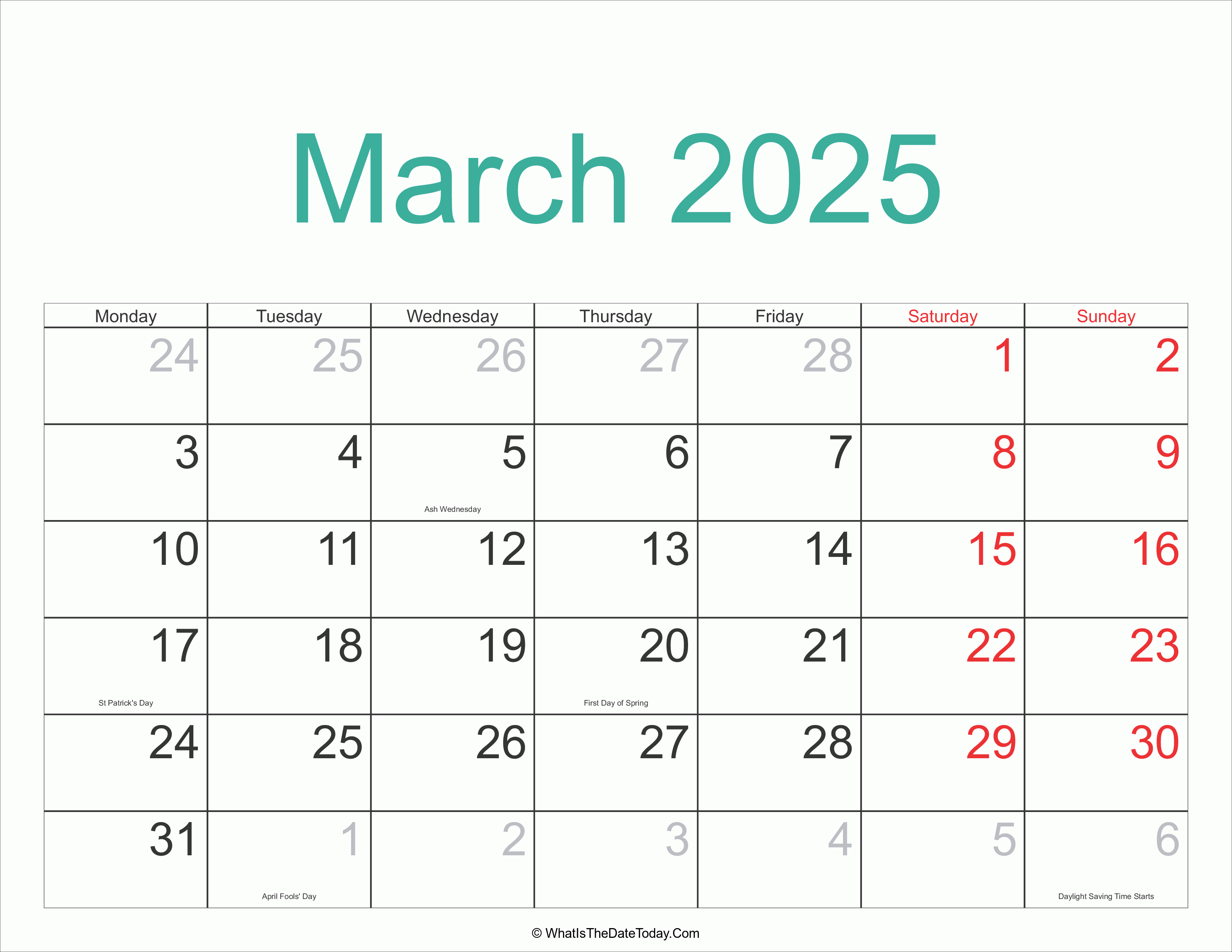 March 2025 Calendar Printable with Holidays