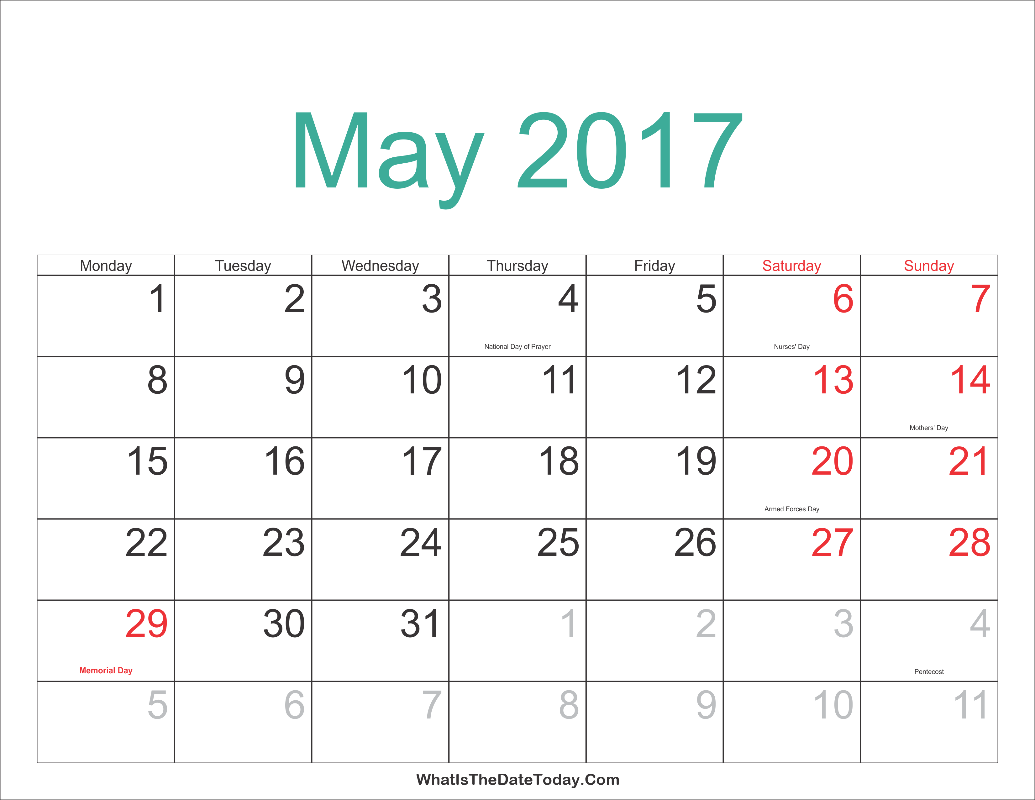 May 2017 Calendar Printable with Holidays | Whatisthedatetoday.Com