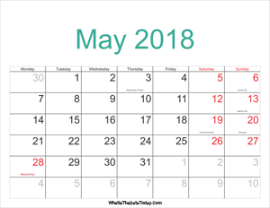 may 2018 calendar printable with holidays