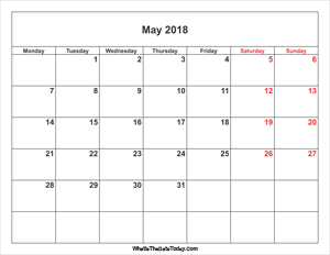 may 2018 calendar with weekend highlight