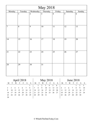 may 2018 editable calendar (vertical) with three mini months
