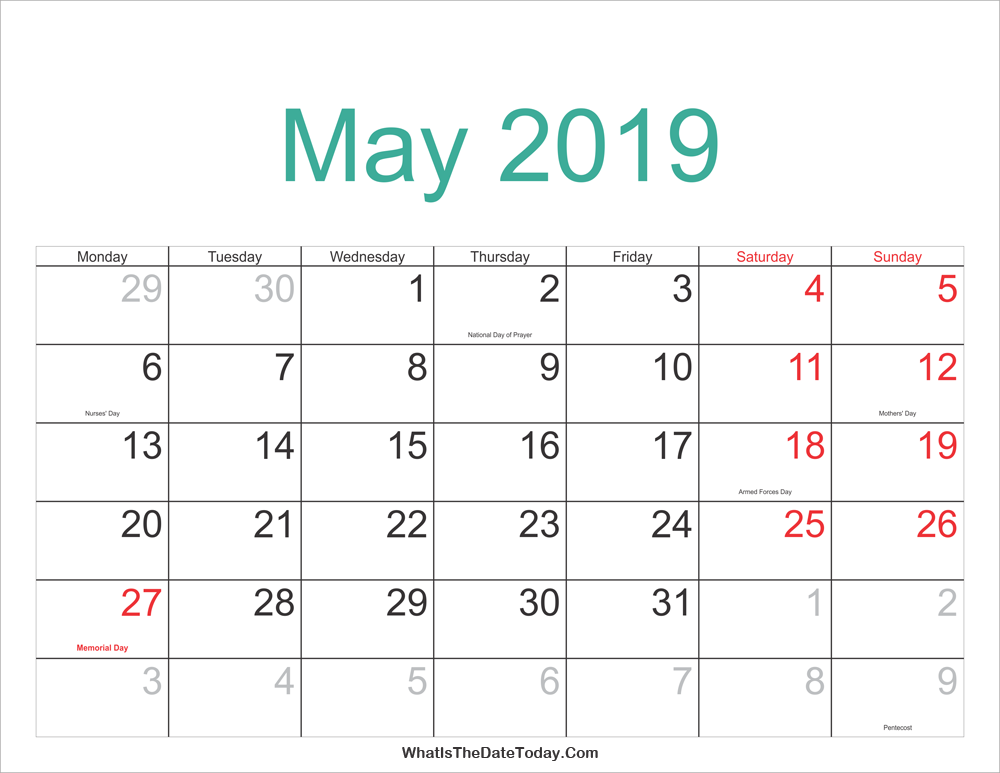 2019 May Calendar With Holidays