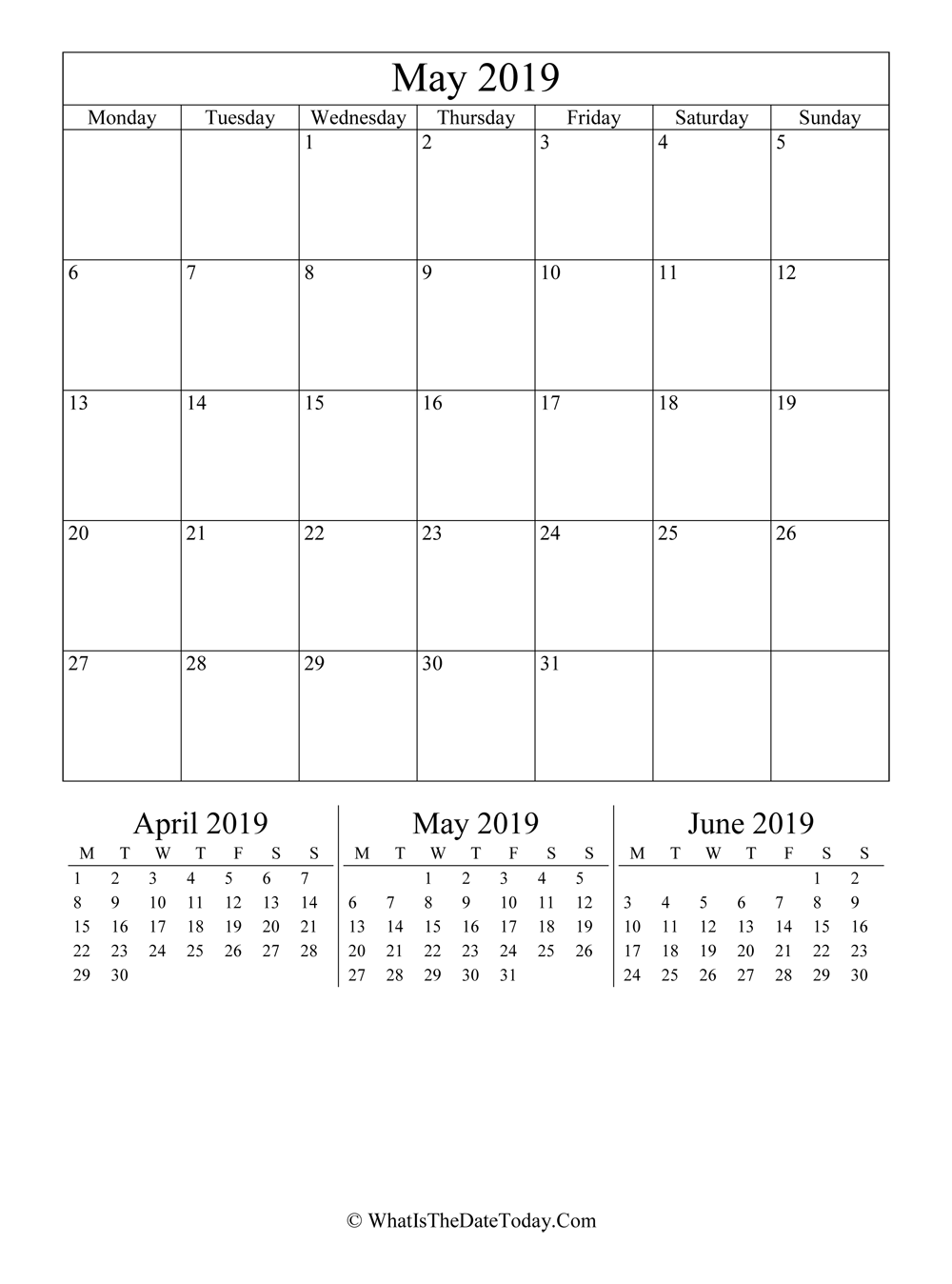 may 2019 editable calendar with three mini calendars in vertical layout