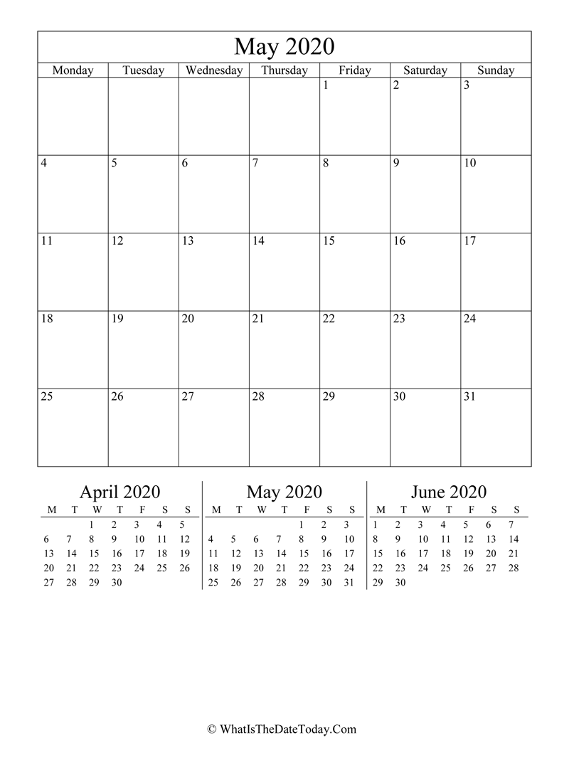 may 2020 editable calendar with three mini calendars in vertical layout