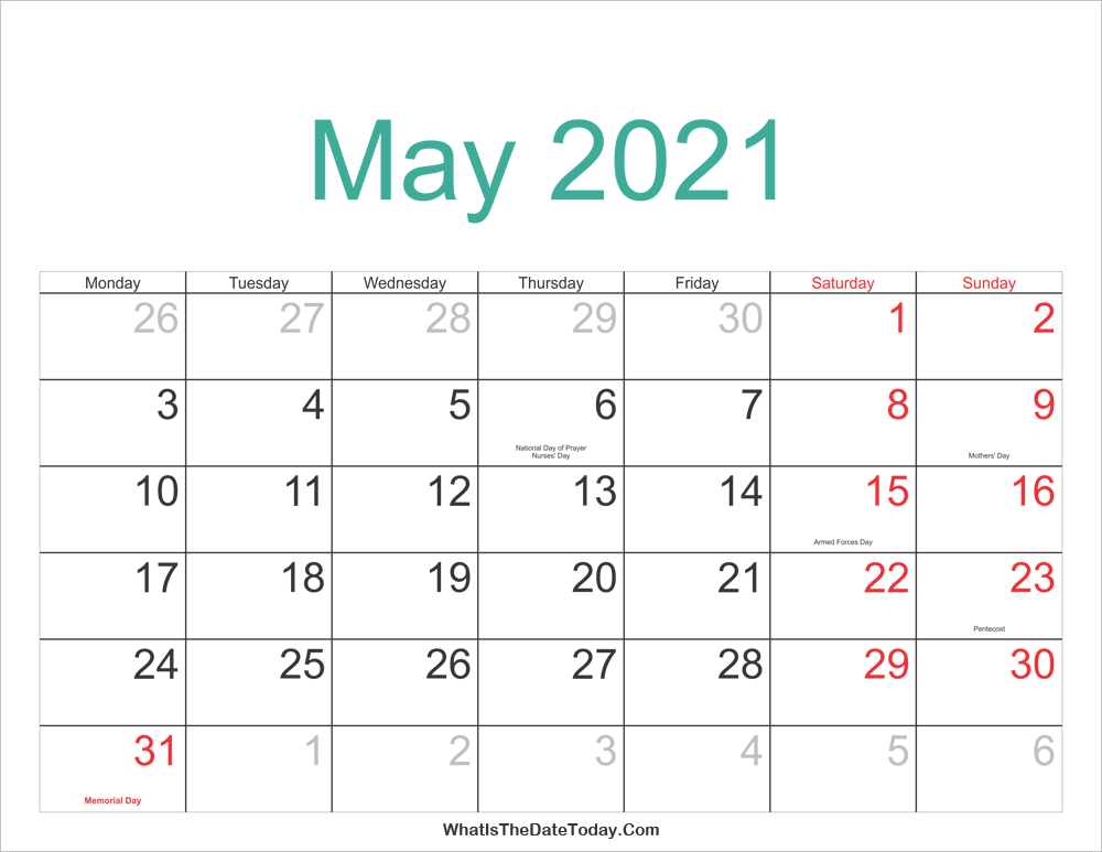 may 2021 Calendar Printable with Holidays