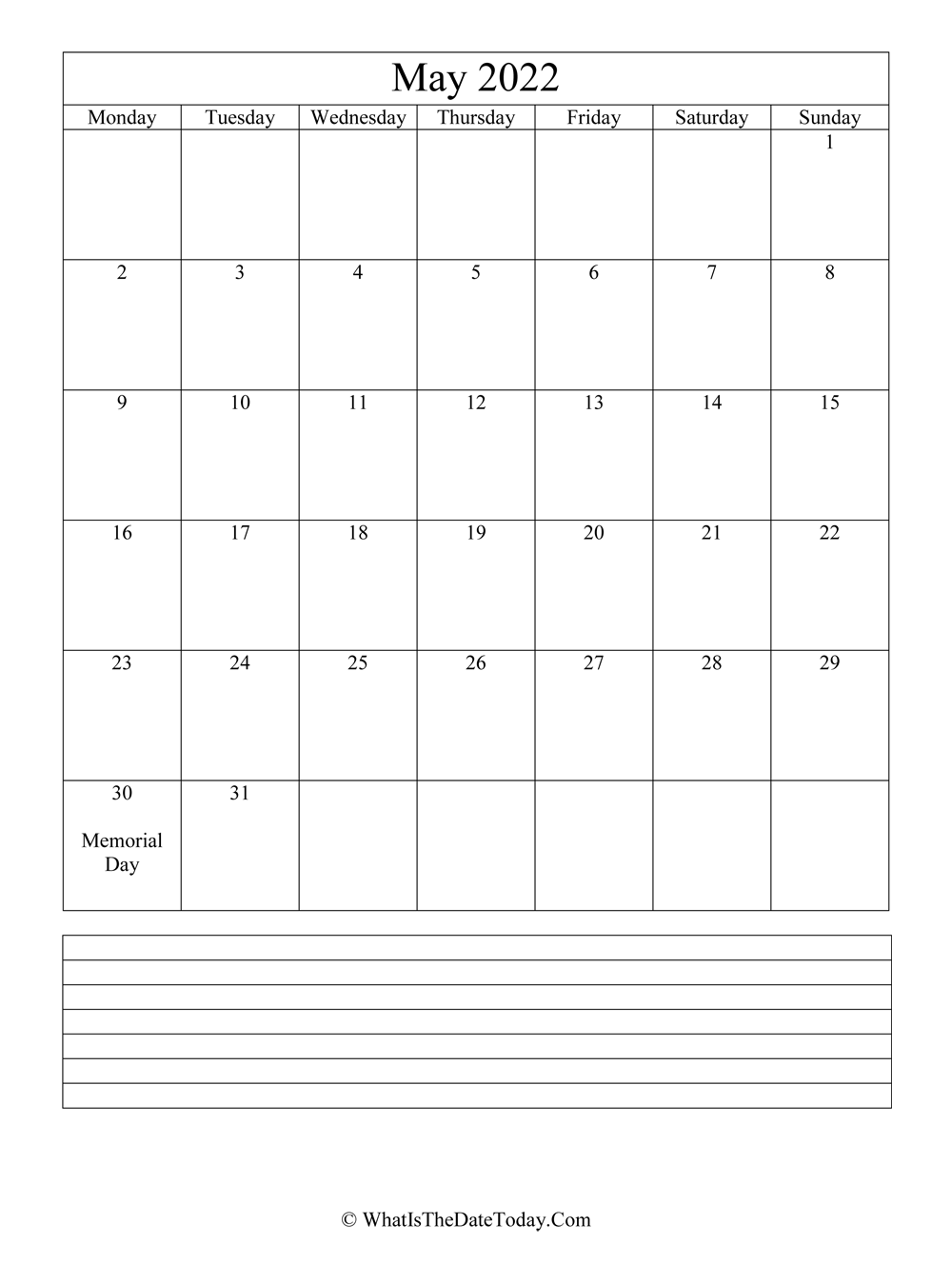 may 2022 calendar editable with notes in vertical layout
