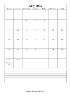 may 2022 calendar editable with notes (vertical)