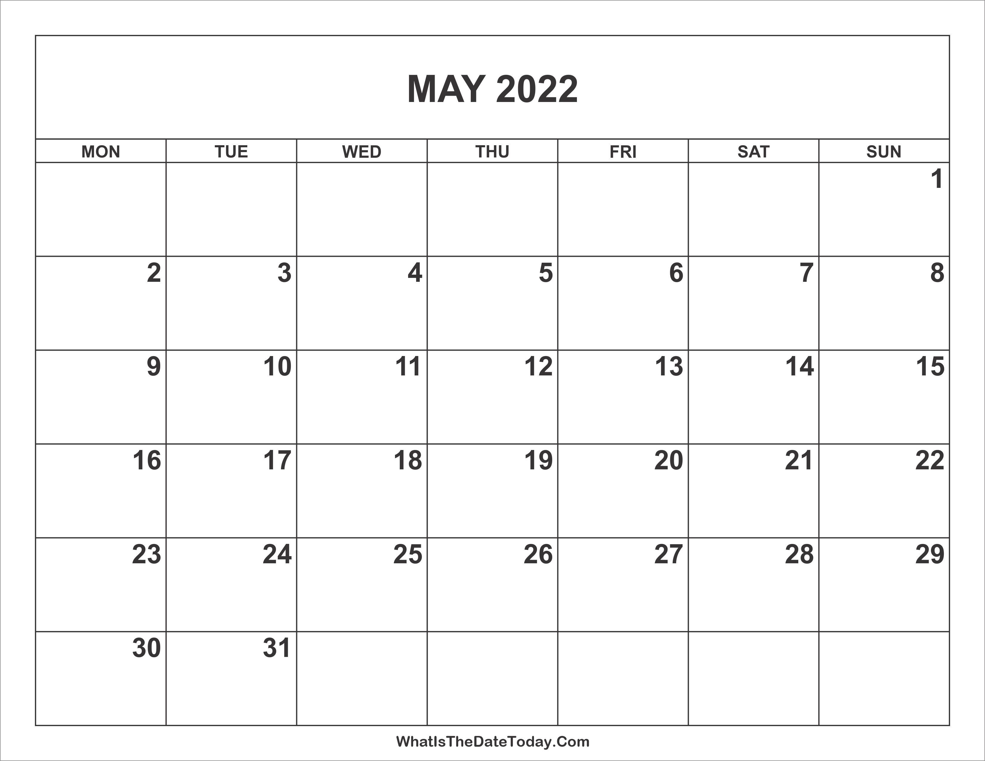 May 2022 Calendar Whatisthedatetoday Com