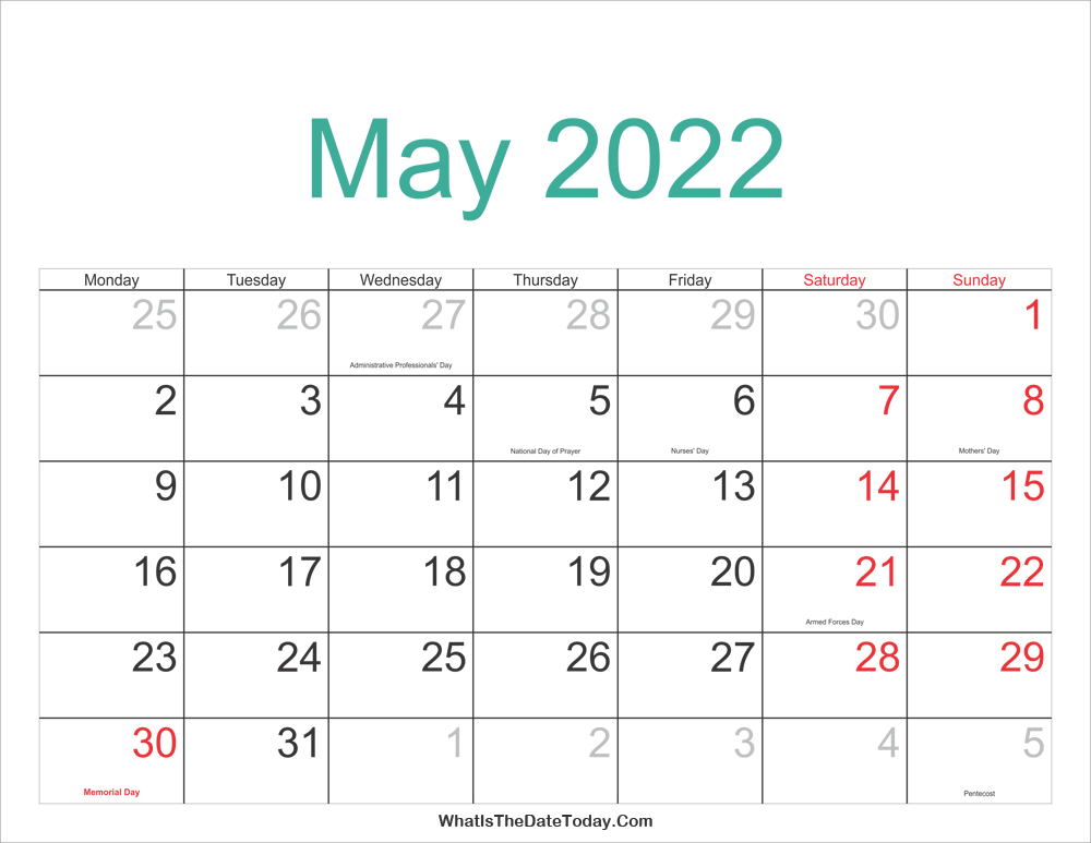 may 2022 Calendar Printable with Holidays