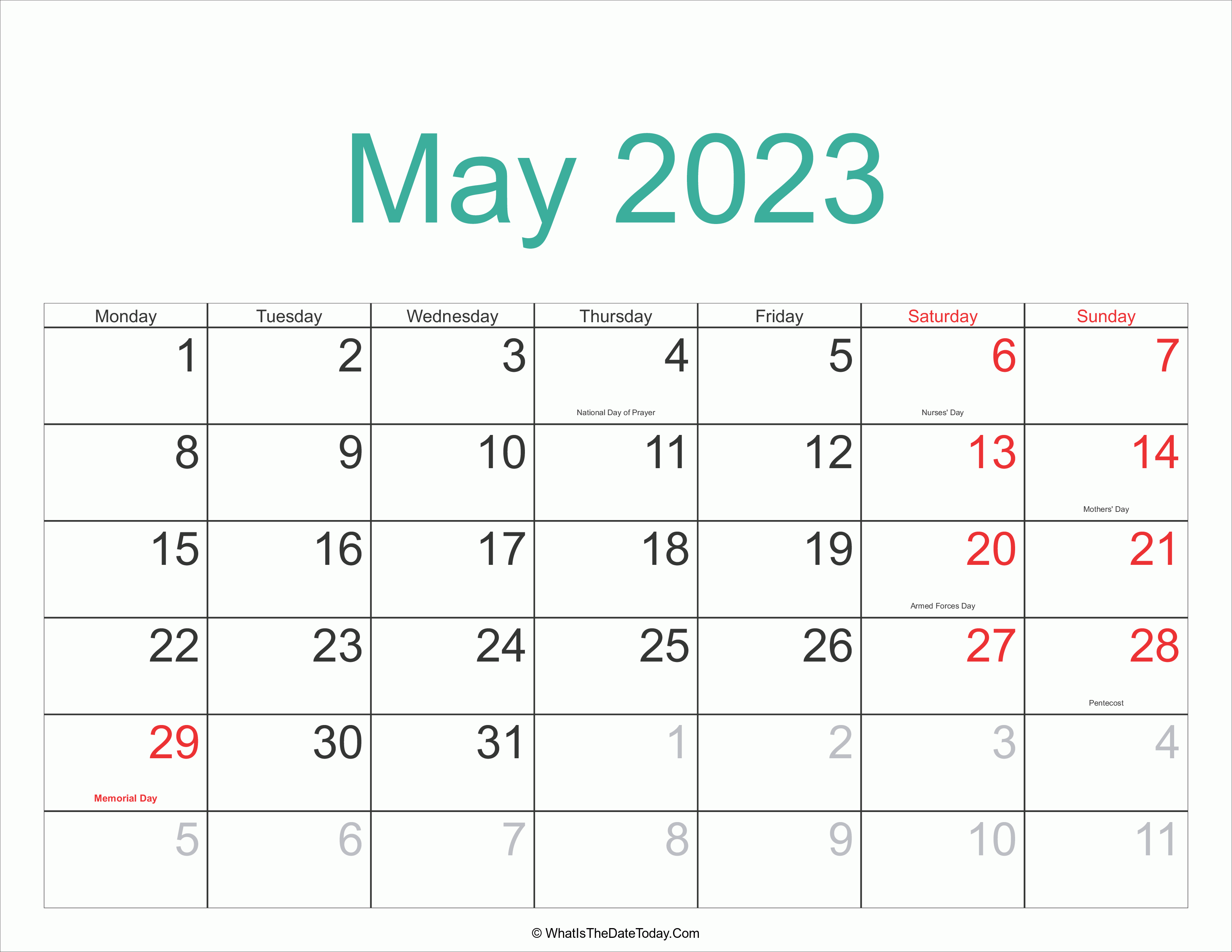 May 2023 Calendar Printable With Holidays | Whatisthedatetoday.com