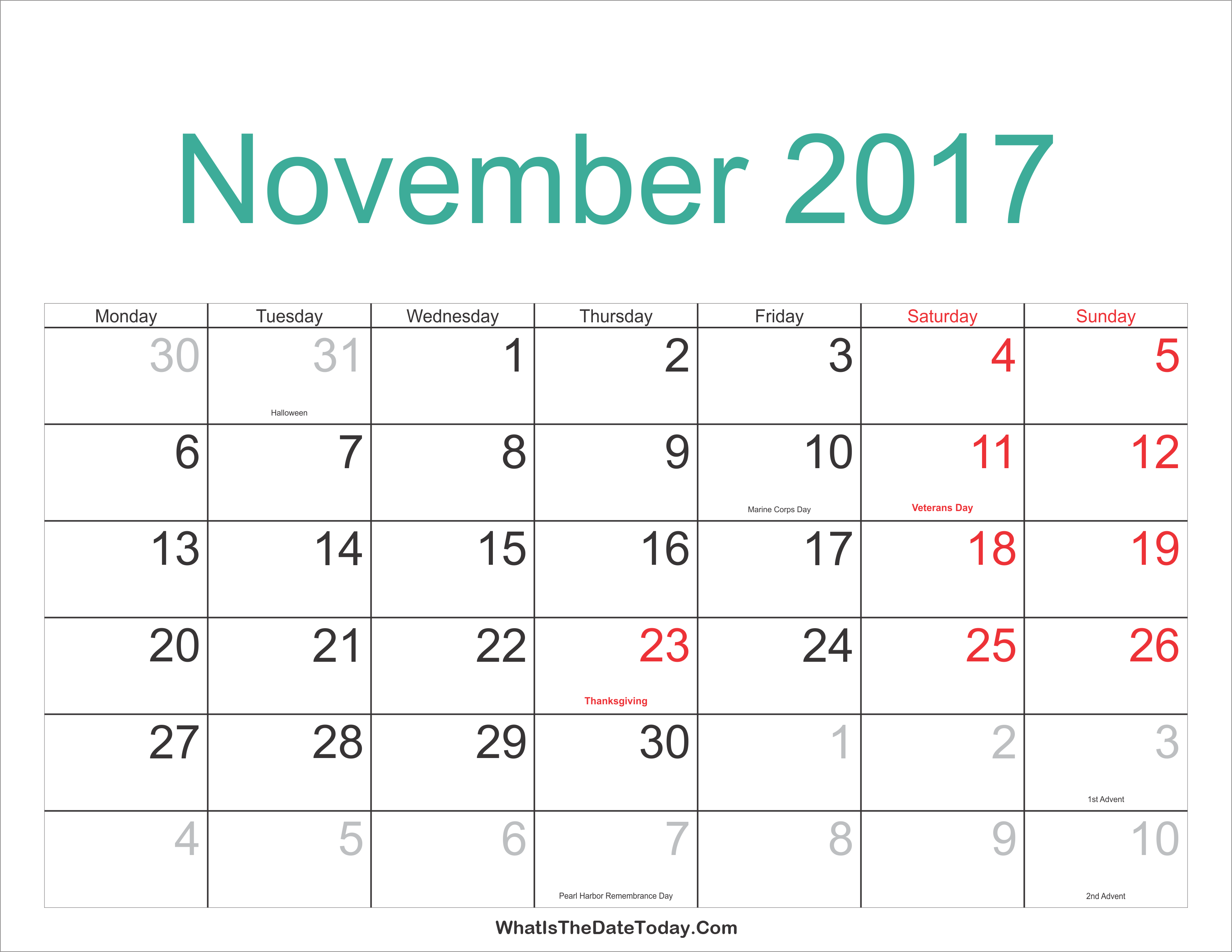 November 2017 Calendar Printable with Holidays