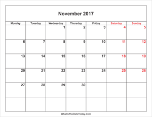november 2017 calendar with weekend highlight