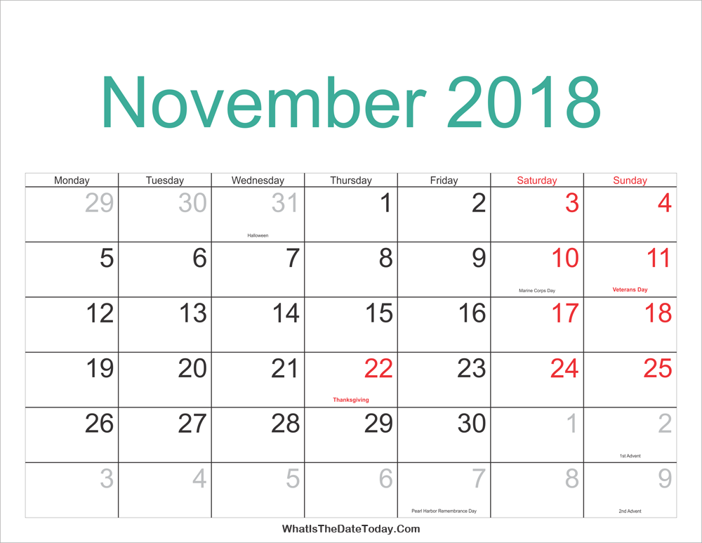 November 2018 Calendar Printable With Holidays Whatisthedatetoday Com