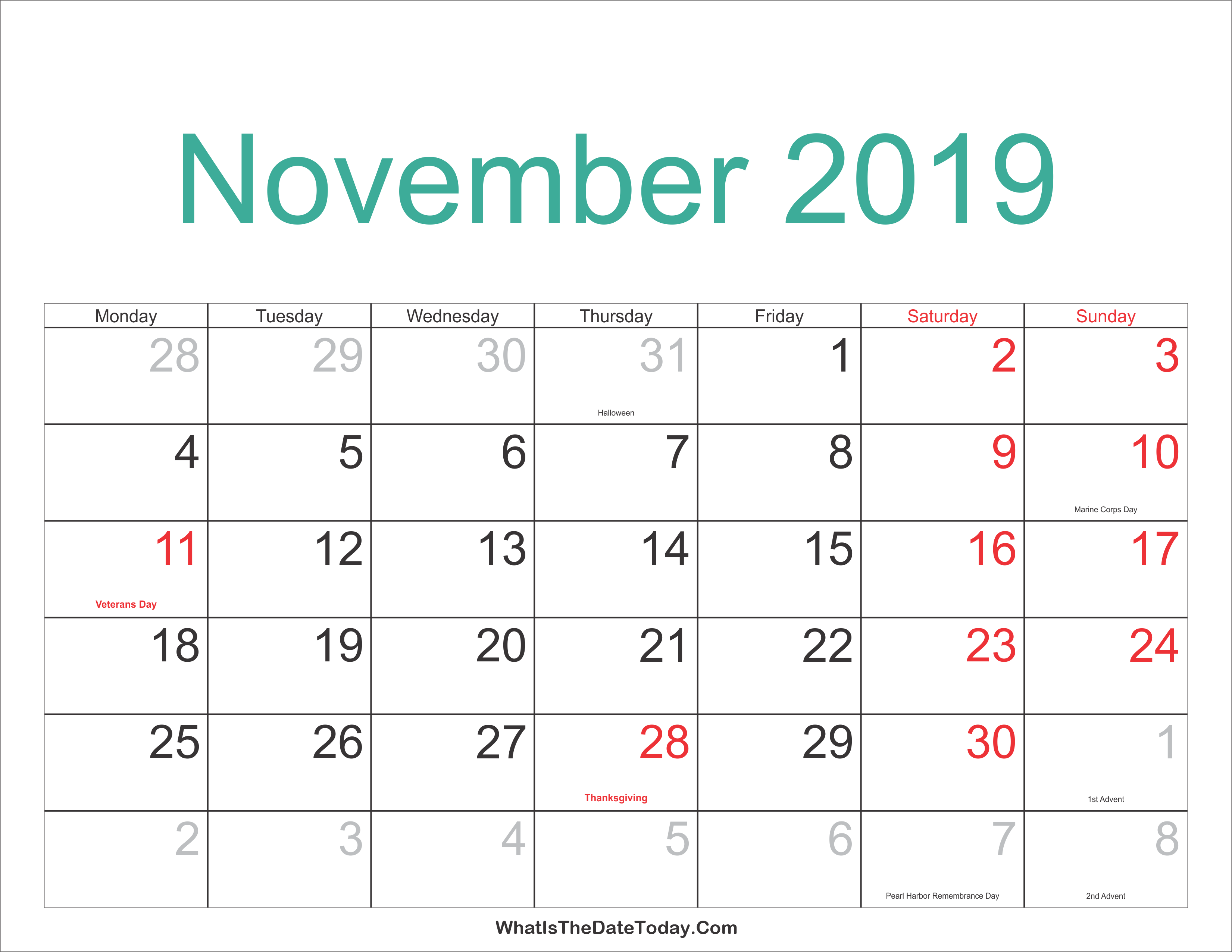November 2019 Calendar Printable With Holidays Whatisthedatetodaycom