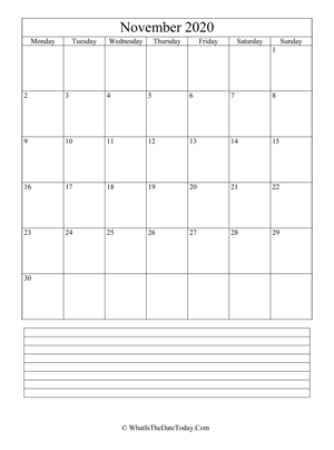 november 2020 calendar editable with notes