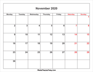 november 2020 calendar weekend highlight