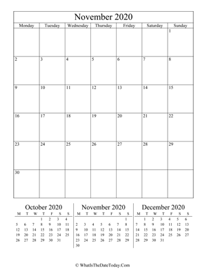 november 2020 editable calendar (vertical) with three mini months