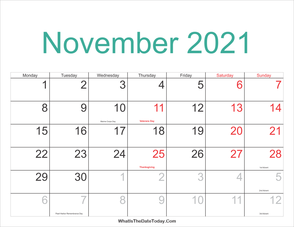 November 2021 Calendar Printable with Holidays