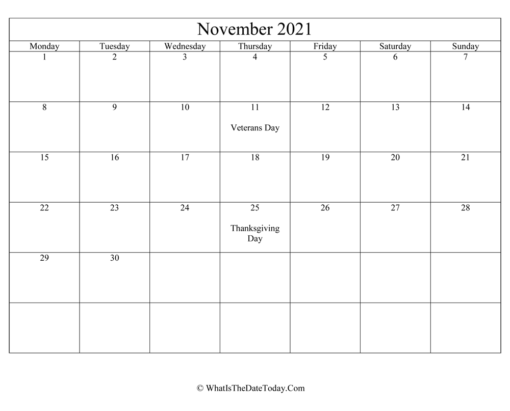 november 2021 Editable Calendar