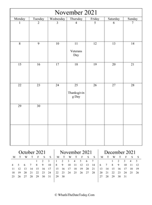 november 2021 editable calendar (vertical) with three mini months