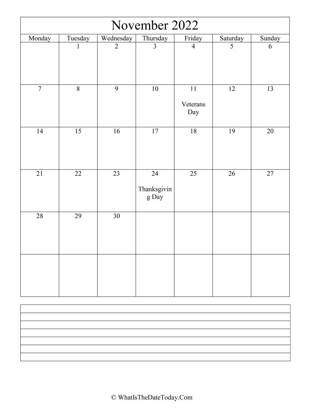 Editable Calendar November 2022 November 2022 Calendar Editable With Notes Space (Vertical Layout)