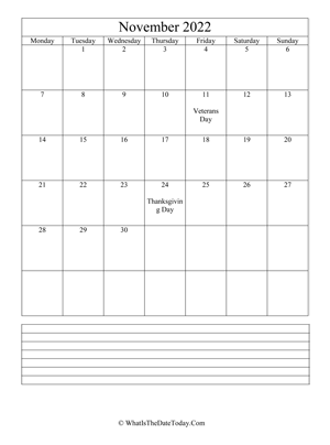 november 2022 calendar editable with notes (vertical)