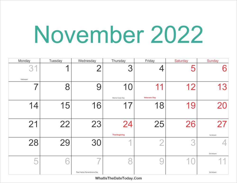 November 2022 Calendar Printable with Holidays