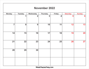 november 2022 calendar with weekend highlight