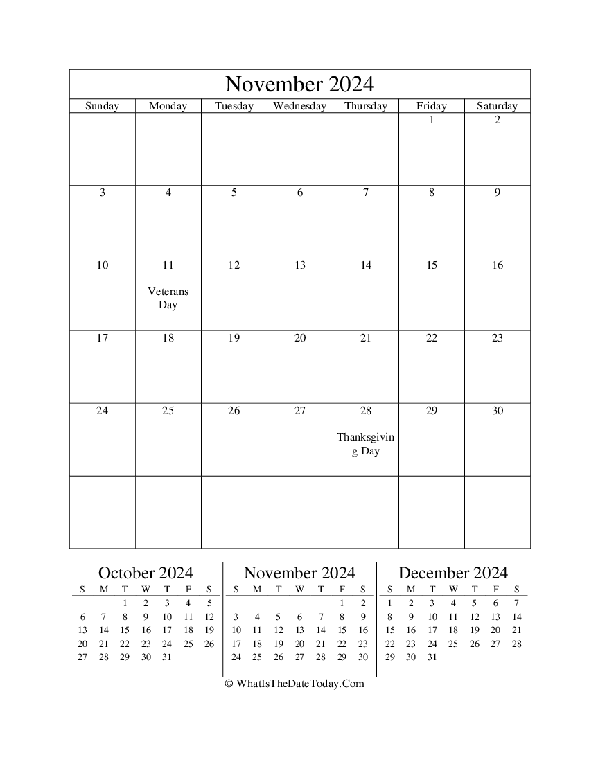 november 2024 editable calendar with three mini calendars in vertical layout