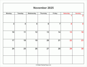 november 2025 calendar with weekend highlight