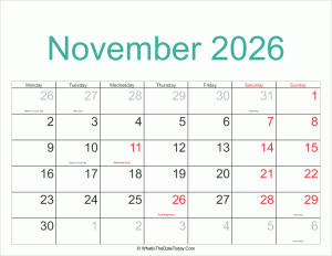november 2026 calendar printable with holidays