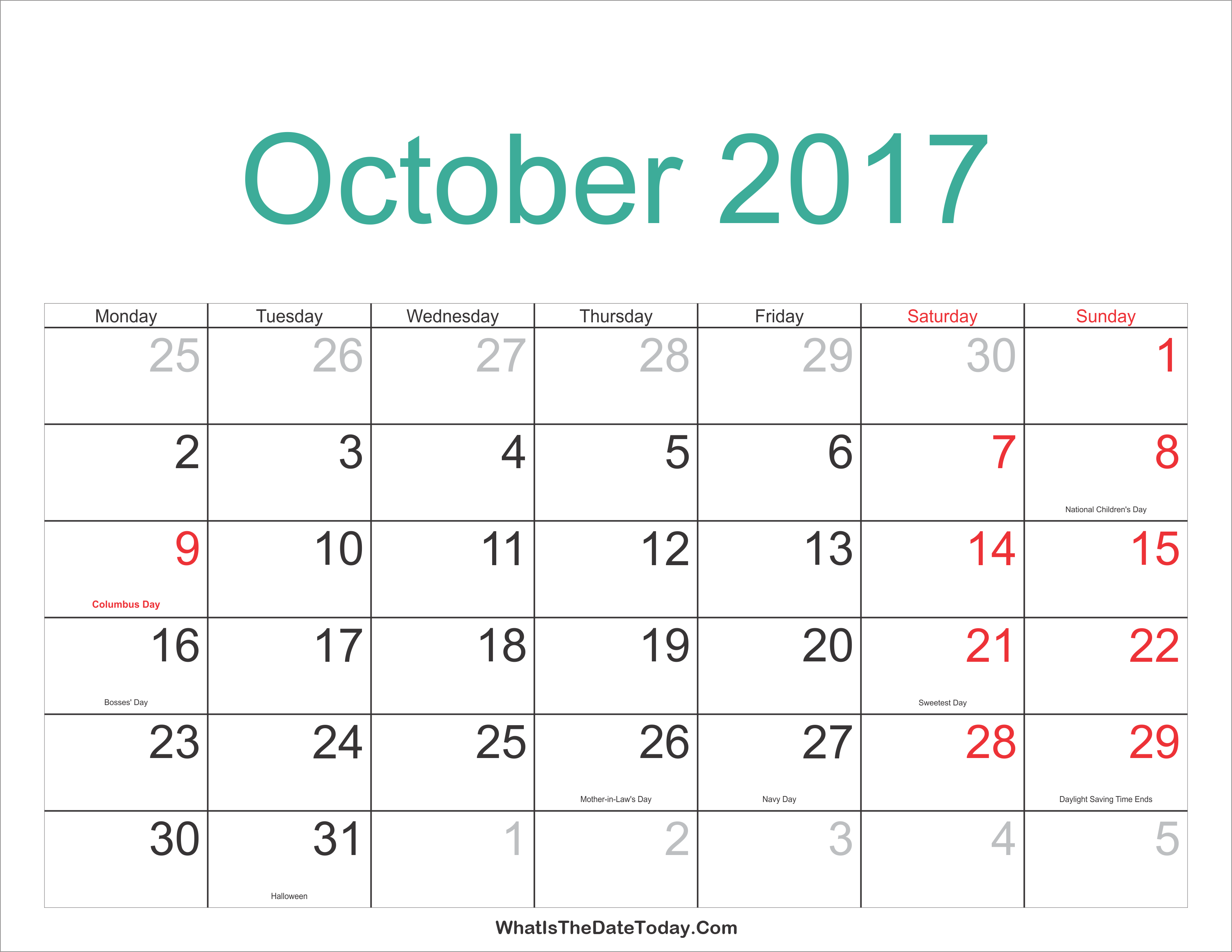 October 2017 Calendar Printable with Holidays Whatisthedatetoday Com
