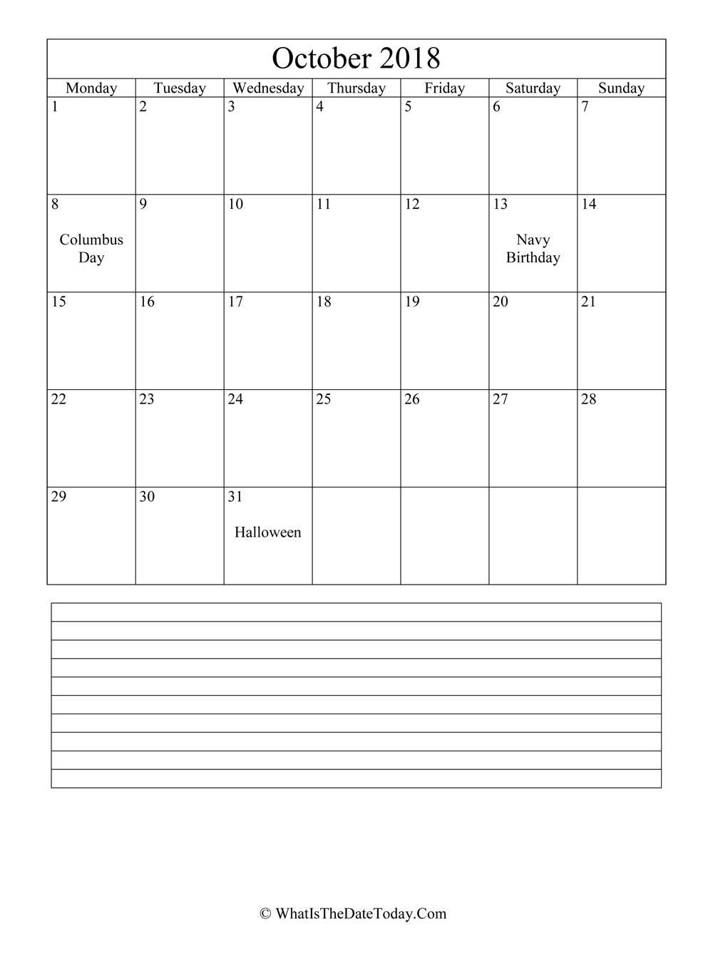 october 2018 calendar editable with notes in vertical layout