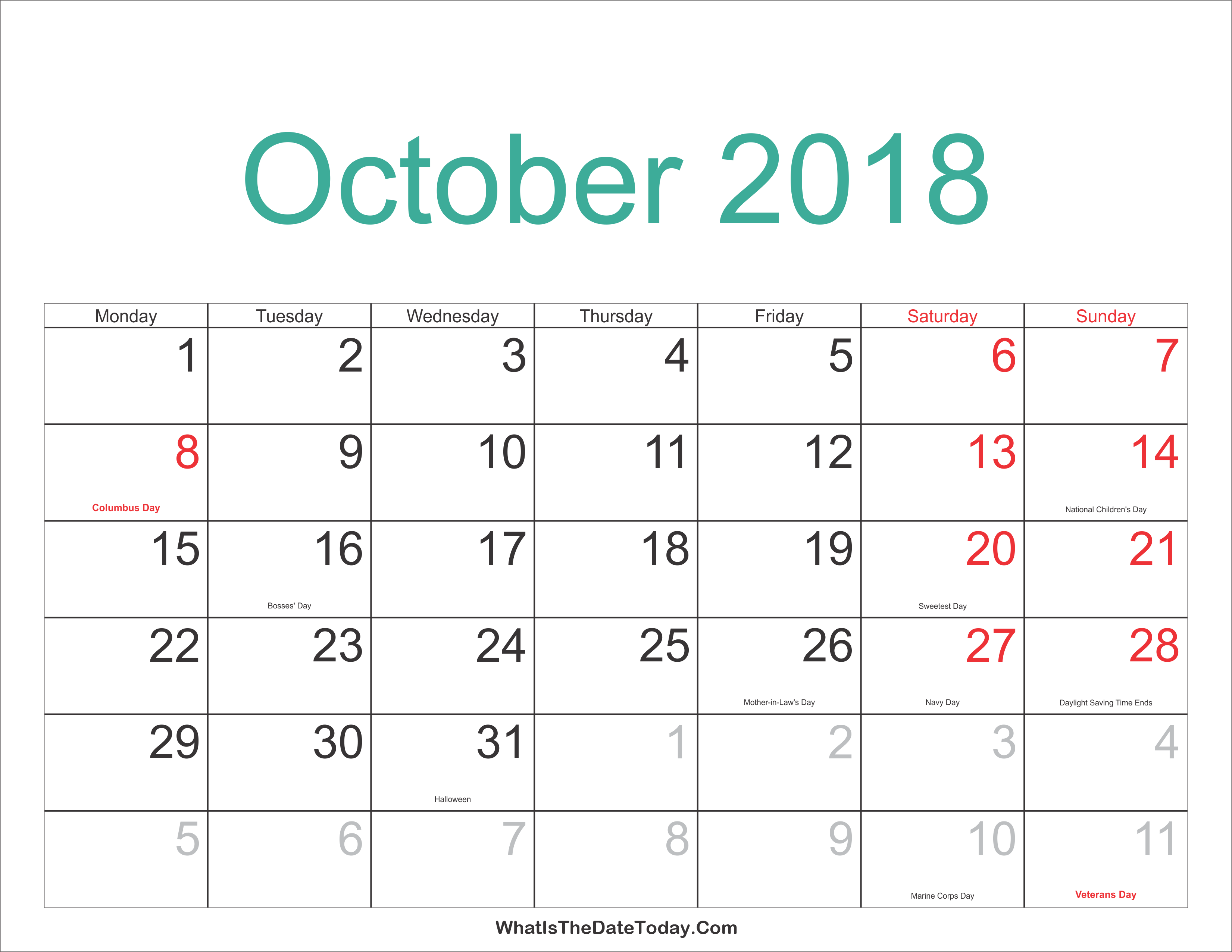 October 2018 Calendar Printable with Holidays