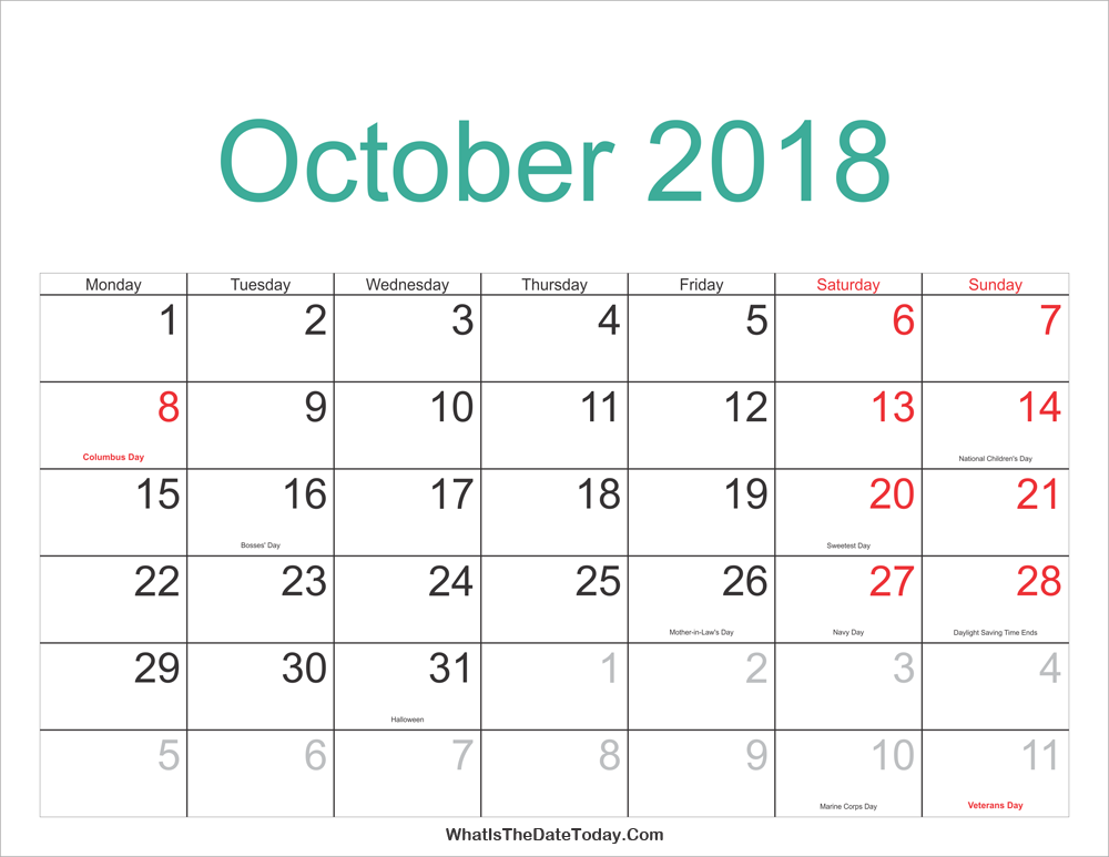October Calendar 2018 With Holidays