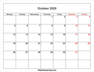 october 2020 calendar with weekend highlight