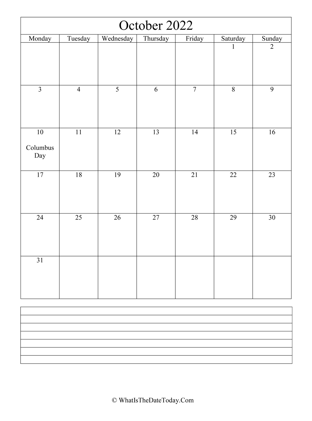 october 2022 calendar editable with notes in vertical layout