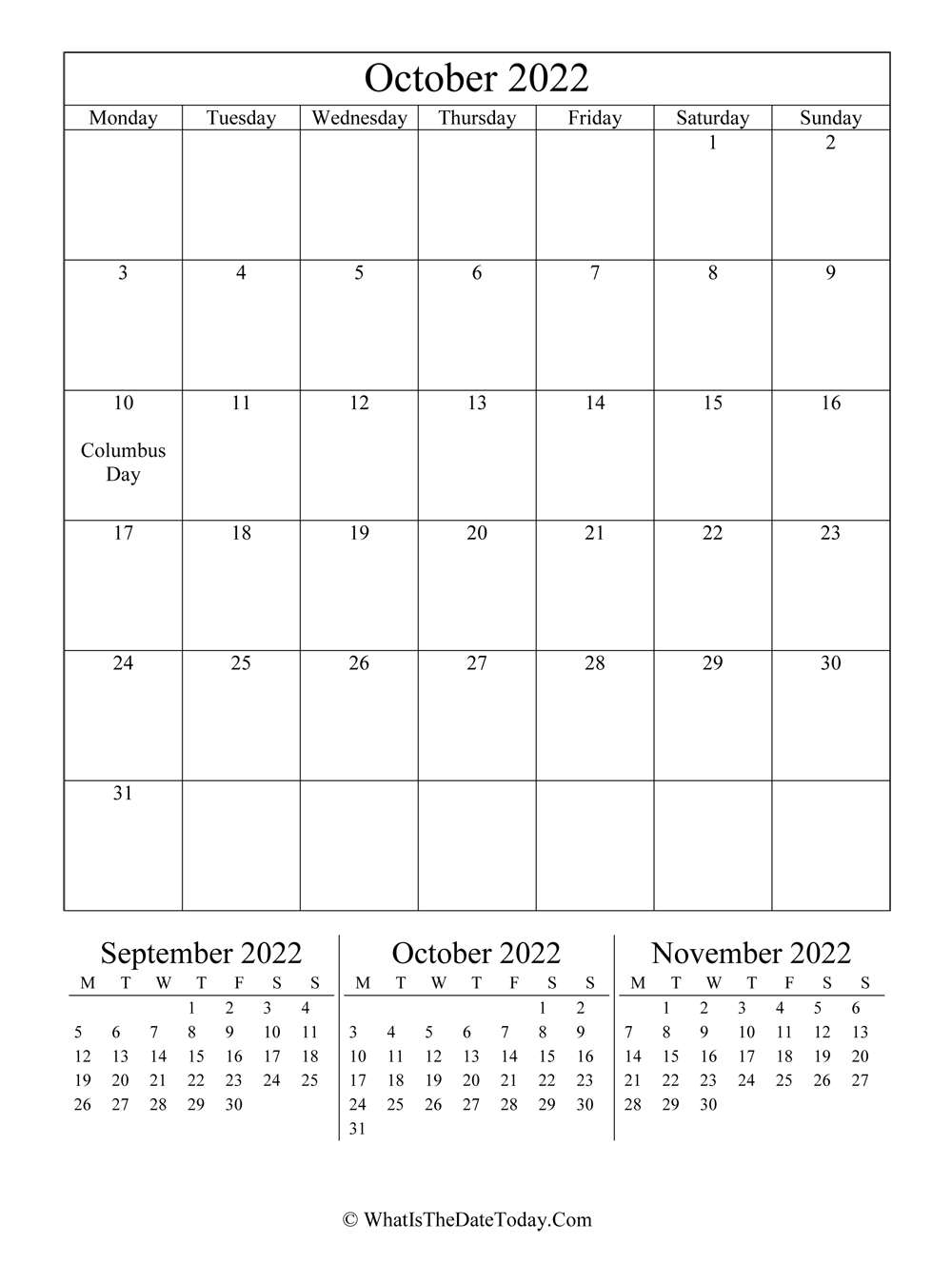 october 2022 editable calendar with three mini calendars in vertical layout