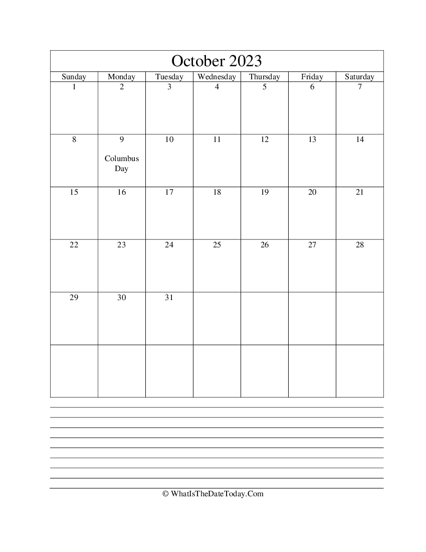 october 2023 calendar editable with notes in vertical layout